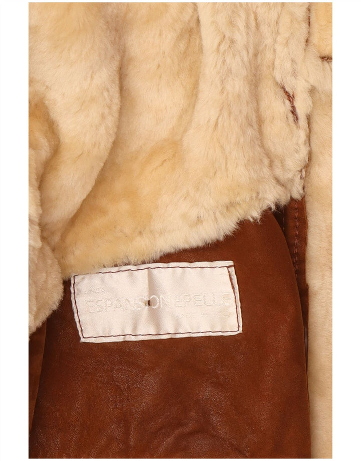 Jaqueta feminina vintage de shearling grande EUA 8 couro marrom médio