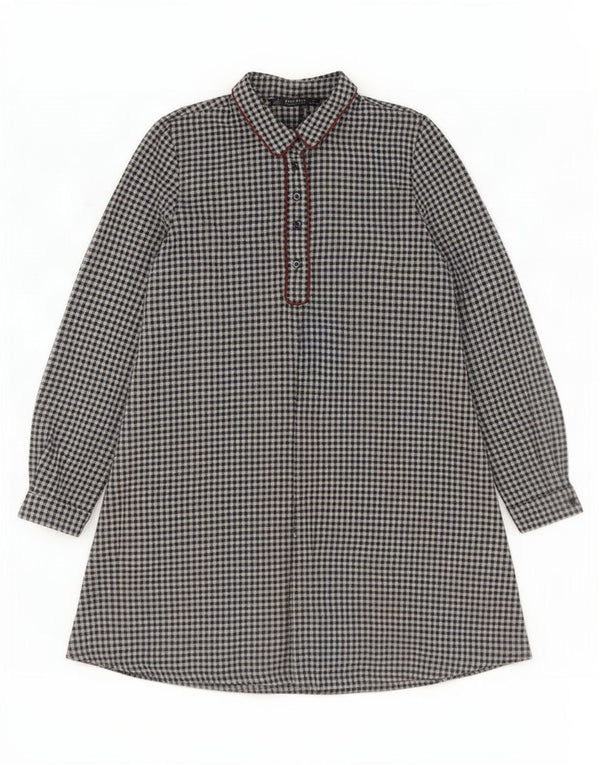 Vestido feminino Zara manga comprida evasê Reino Unido 10 pequeno azul marinho guingão