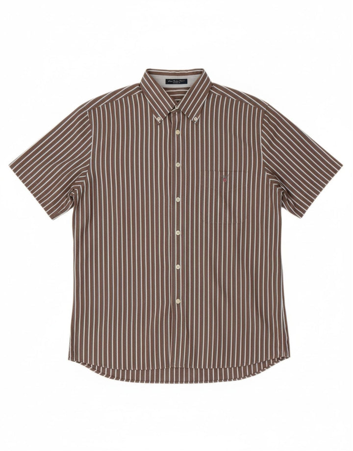 Camisa masculina GANT de manga curta com ajuste regular, algodão listrado marrom médio