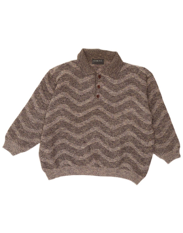 Suéter masculino vintage com gola polo UK 18 XL cinza Chevron