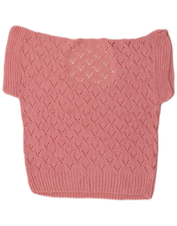 Suéter feminino vintage de manga curta com gola canoa Reino Unido 16 grande rosa