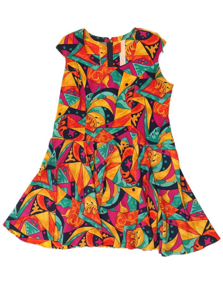 Vestido vintage feminino linha A Reino Unido 16 grande geométrico multicolorido