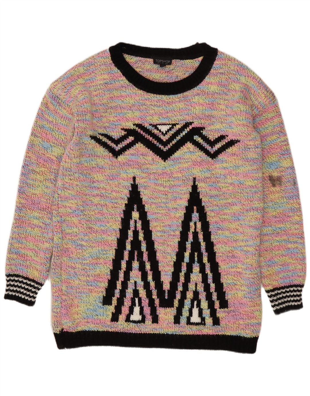 Suéter feminino Topshop com gola canoa Reino Unido 8 pequeno geométrico multicolorido