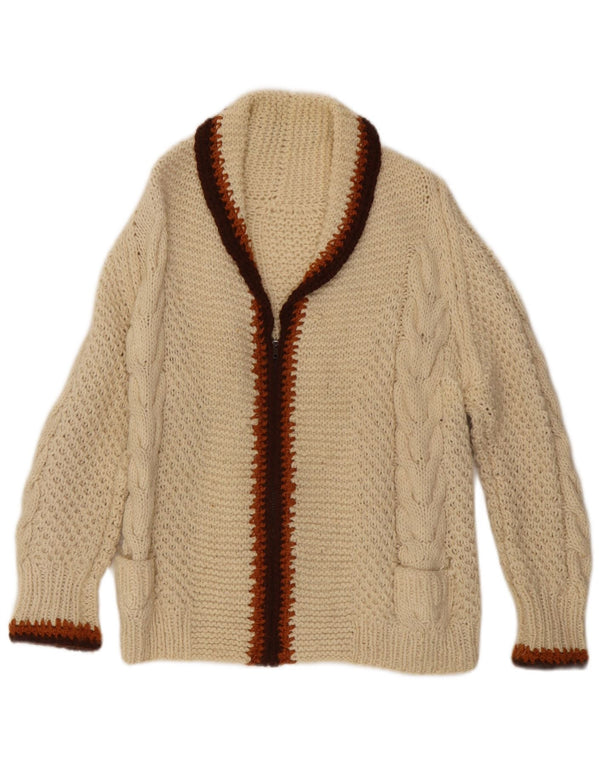 Suéter cardigã feminino vintage UK 14 médio off white colorblock