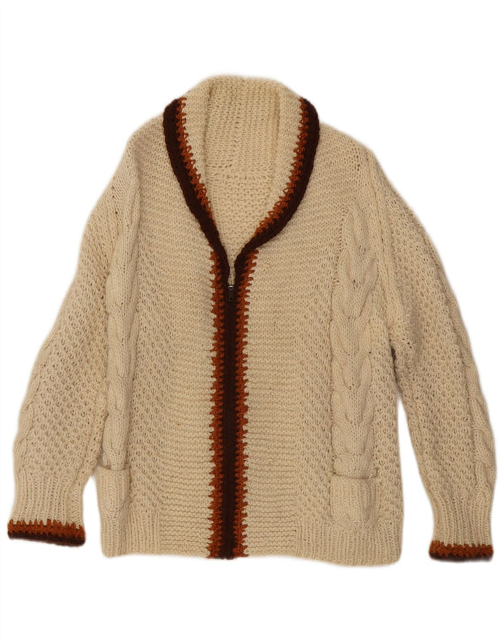 Suéter cardigã feminino vintage UK 14 médio off white colorblock