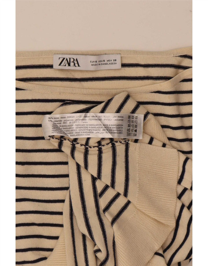 Zara Top feminino oversized manga comprida UK 10 pequeno bege listrado náutico