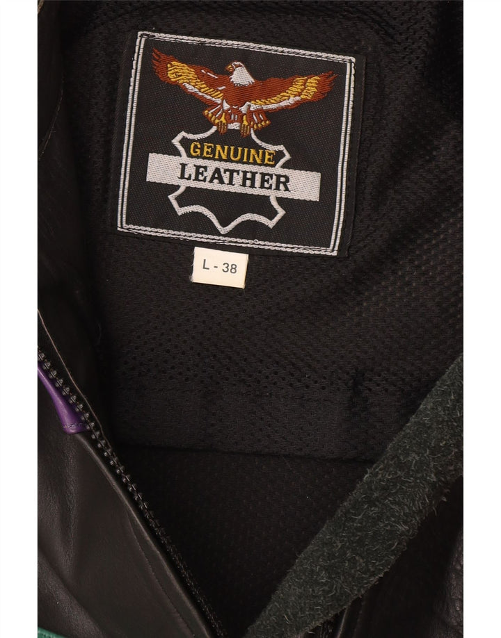 Jaqueta feminina ROLEFF UK 14 grande preta colorida em couro para motocicleta