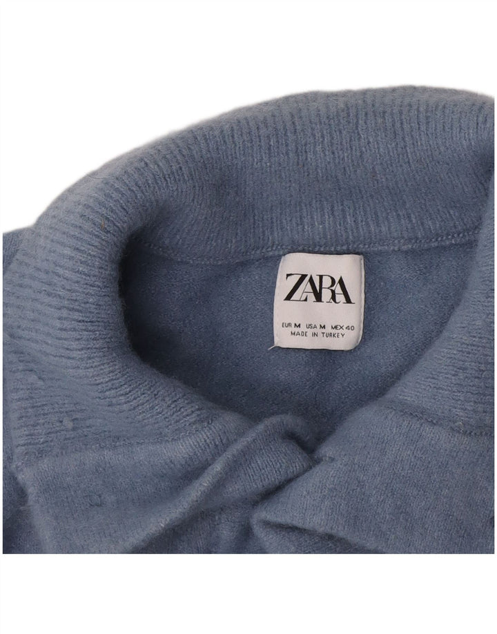 Zara Suéter masculino com gola redonda e botão azul médio