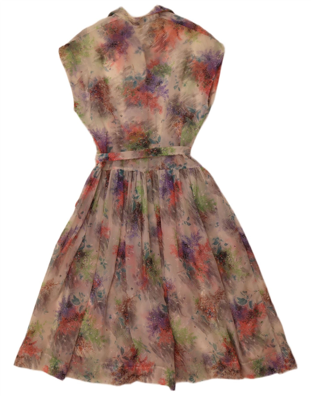 Vestido feminino vintage sem mangas evasê UK 14 médio floral multicolorido