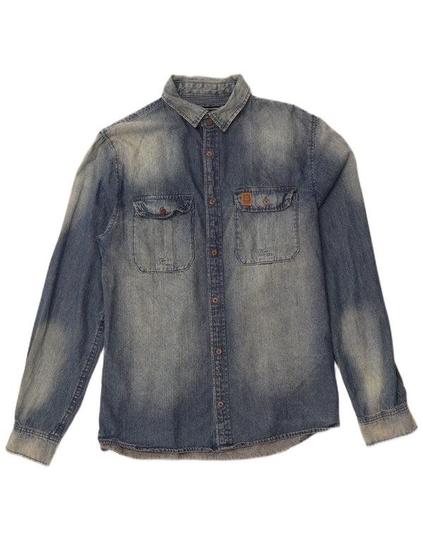 Camisa jeans masculina Saltrock vintage com lavagem ácida e algodão azul pequeno