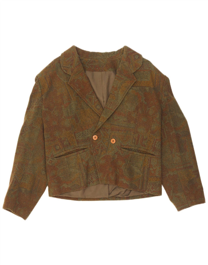 Jaqueta blazer feminina vintage com peito duplo Reino Unido 14 médio cáqui geométrico