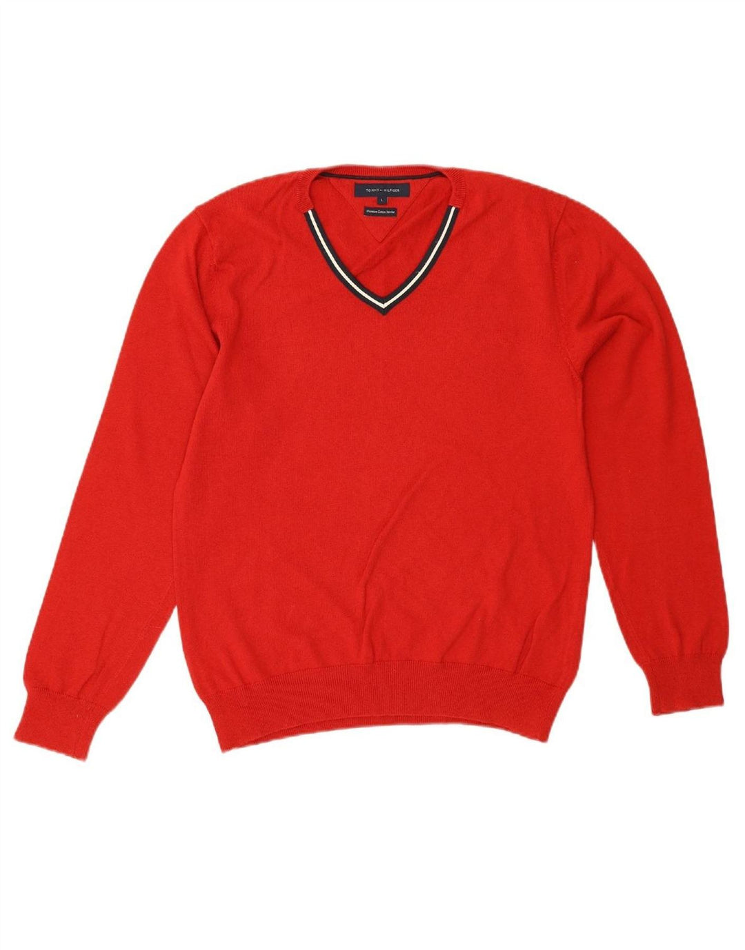TOMMY HILFIGER Mens V-Neck Jumper Sweater Large Red Cotton Vintage Tommy Hilfiger and Second-Hand Tommy Hilfiger from Messina Hembry 