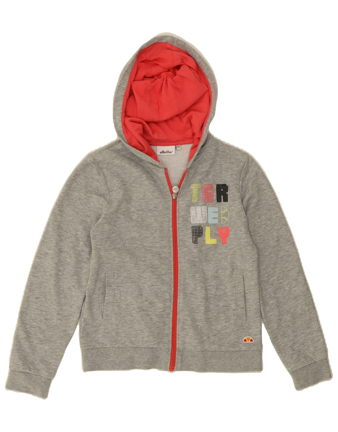 ELLESSE Girls Graphic Zip Hoodie Sweater 9-10 Years Grey Cotton Vintage Ellesse and Second-Hand Ellesse from Messina Hembry 