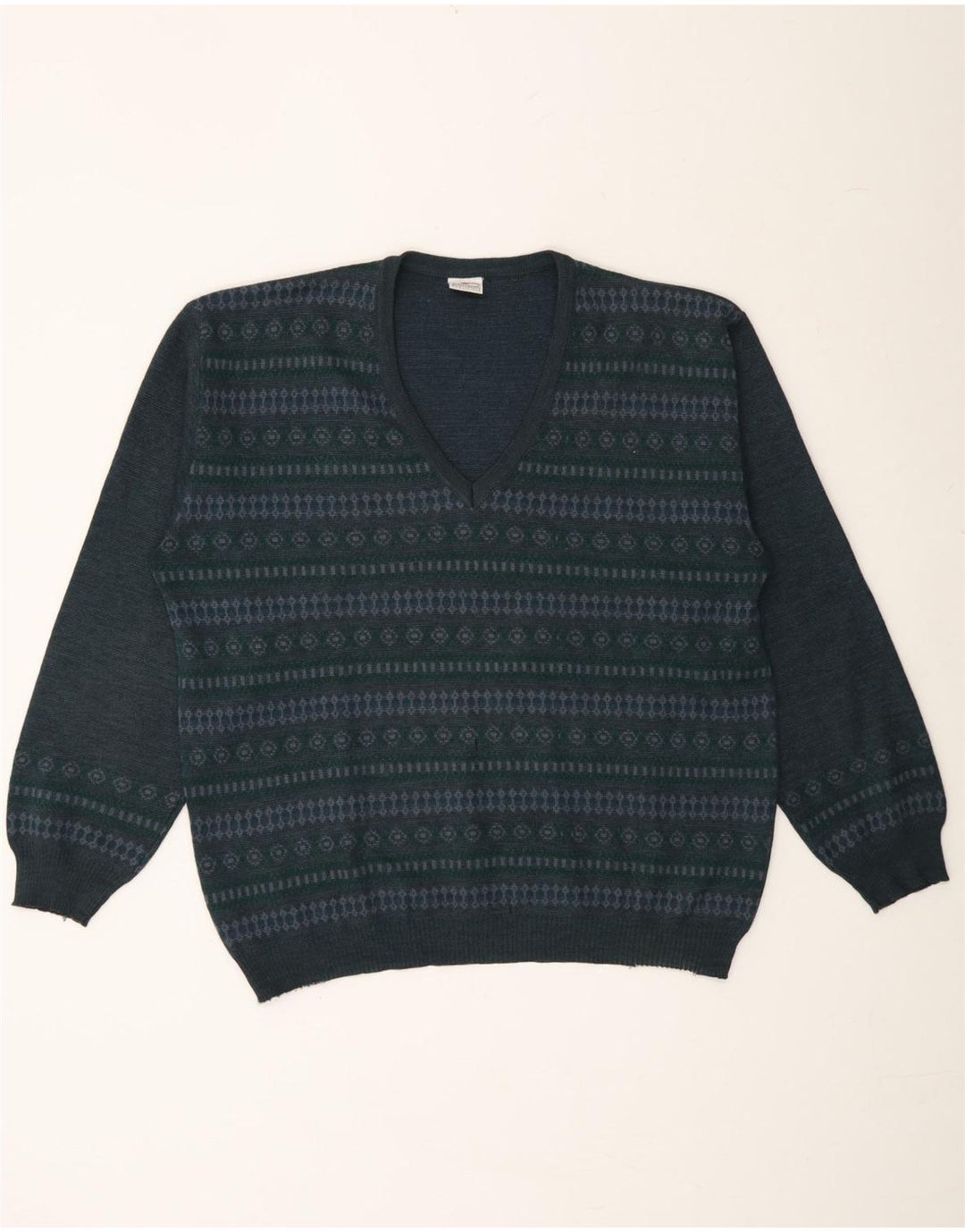 BERNARDINI Mens Loose Fit V-Neck Jumper Sweater Medium Navy Blue Floral Vintage Bernardini and Second-Hand Bernardini from Messina Hembry 