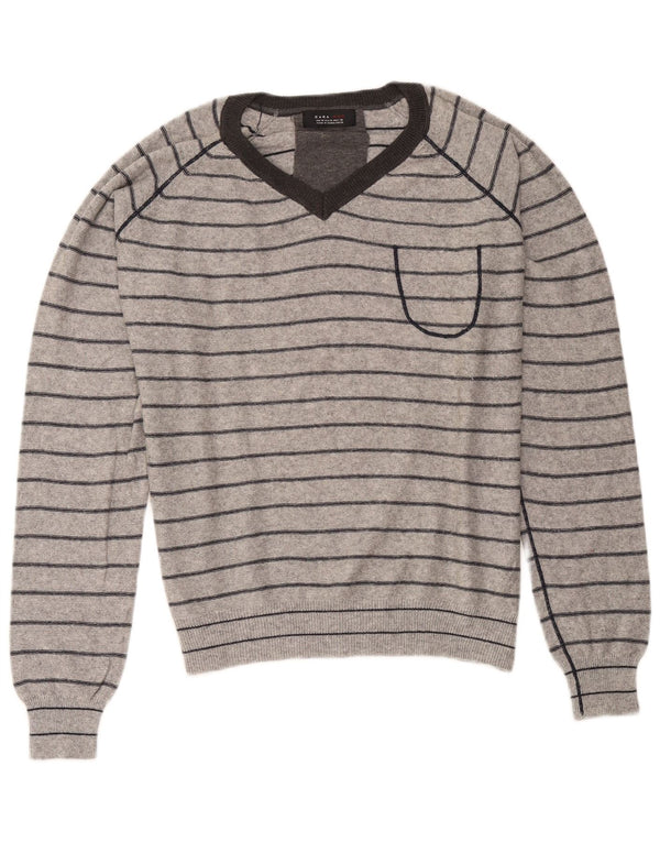 Suéter masculino Zara com decote em V listrado cinza médio