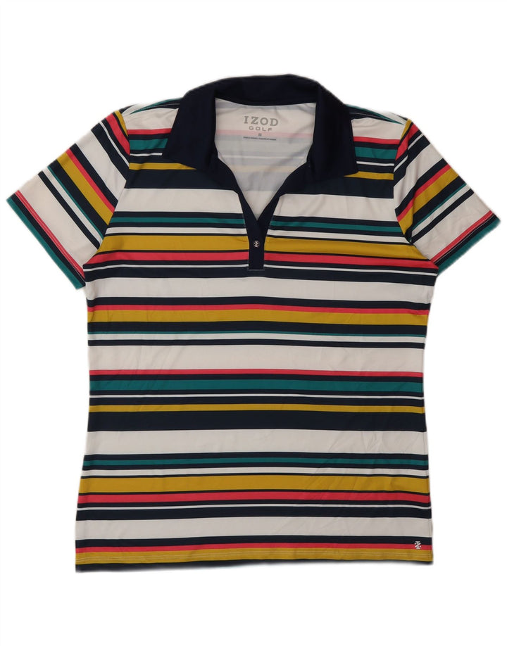 Camisa polo feminina Izod UK 14 poliéster listrado multicolorido médio