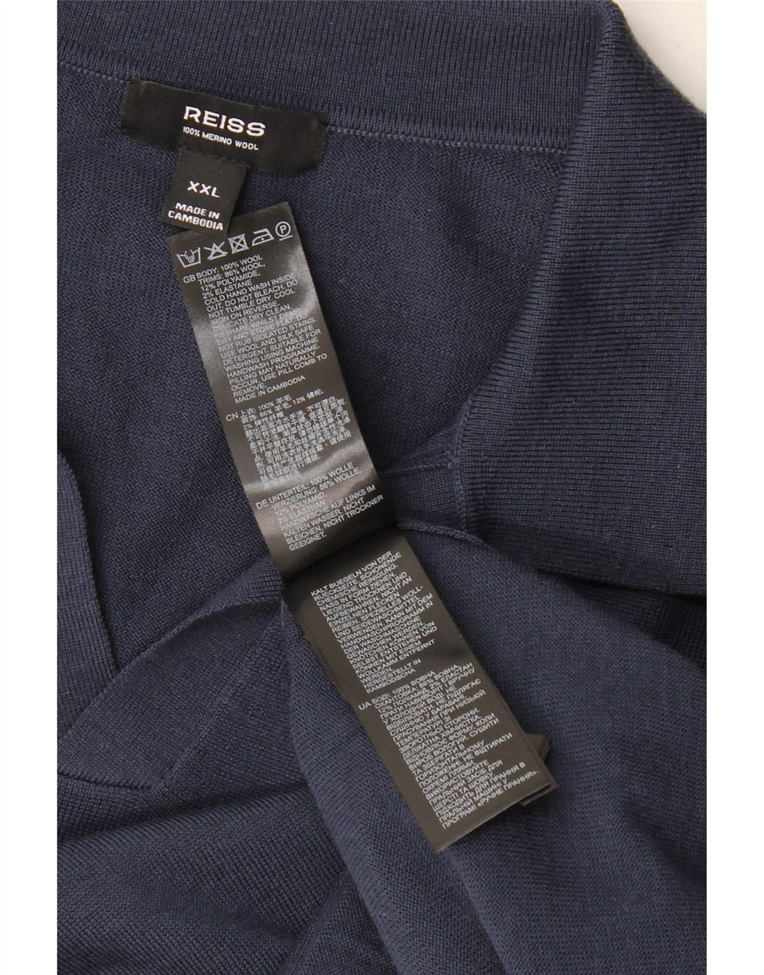 Suéter masculino REISS de manga curta com gola polo 2XL lã azul marinho