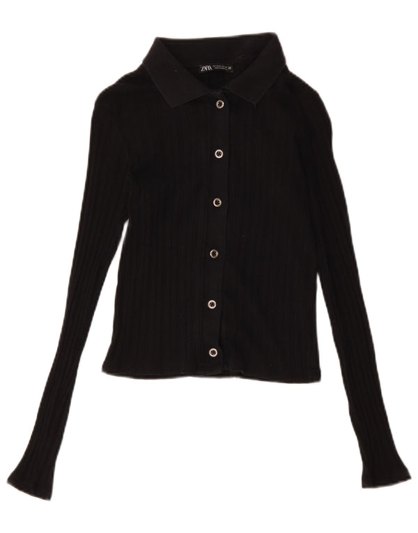Blusa feminina Zara Crop Shirt UK 8 pequena algodão preto