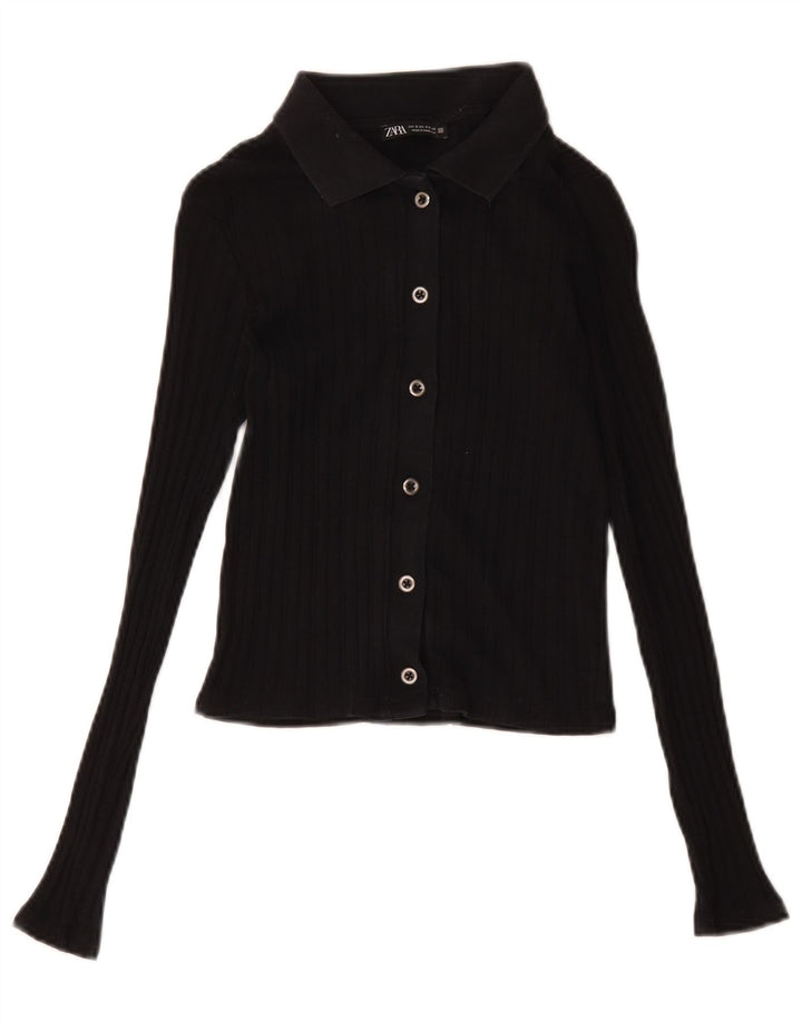 Blusa feminina Zara Crop Shirt UK 8 pequena algodão preto
