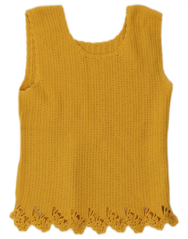 Colete de crochê feminino vintage UK 10 pequeno amarelo