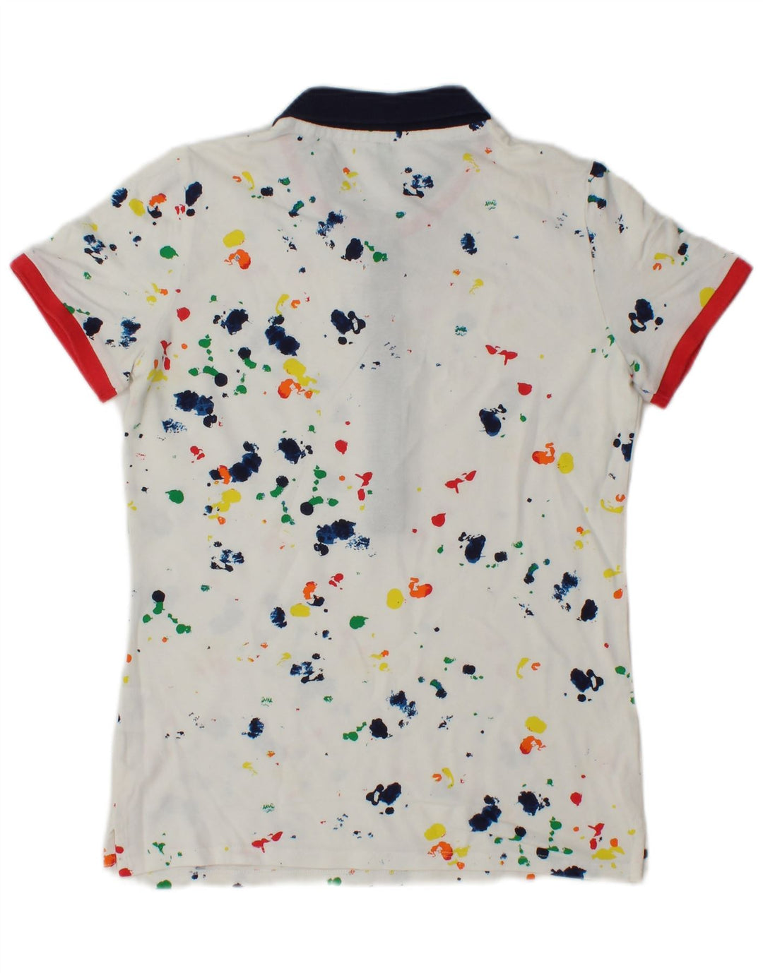 Camisa polo feminina Benetton UK 10 pequena algodão manchado branco