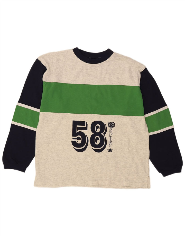 Top gráfico masculino vintage de manga comprida grande bloco colorido cinza