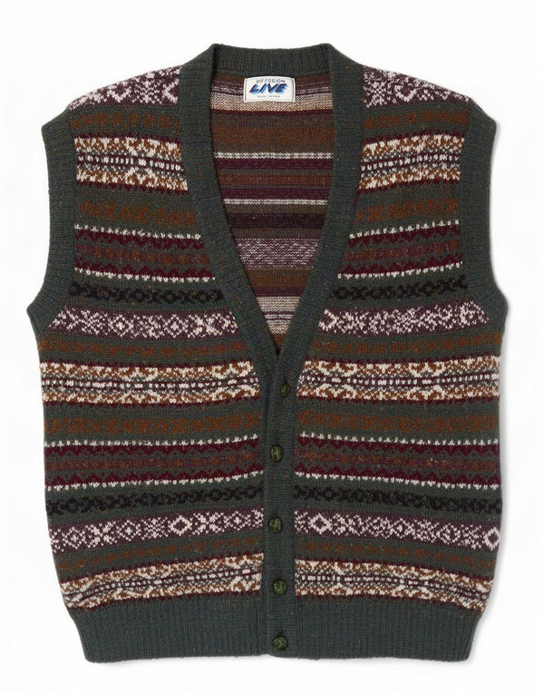 Suéter cardigã masculino vintage sem mangas XL Green Fair Isle