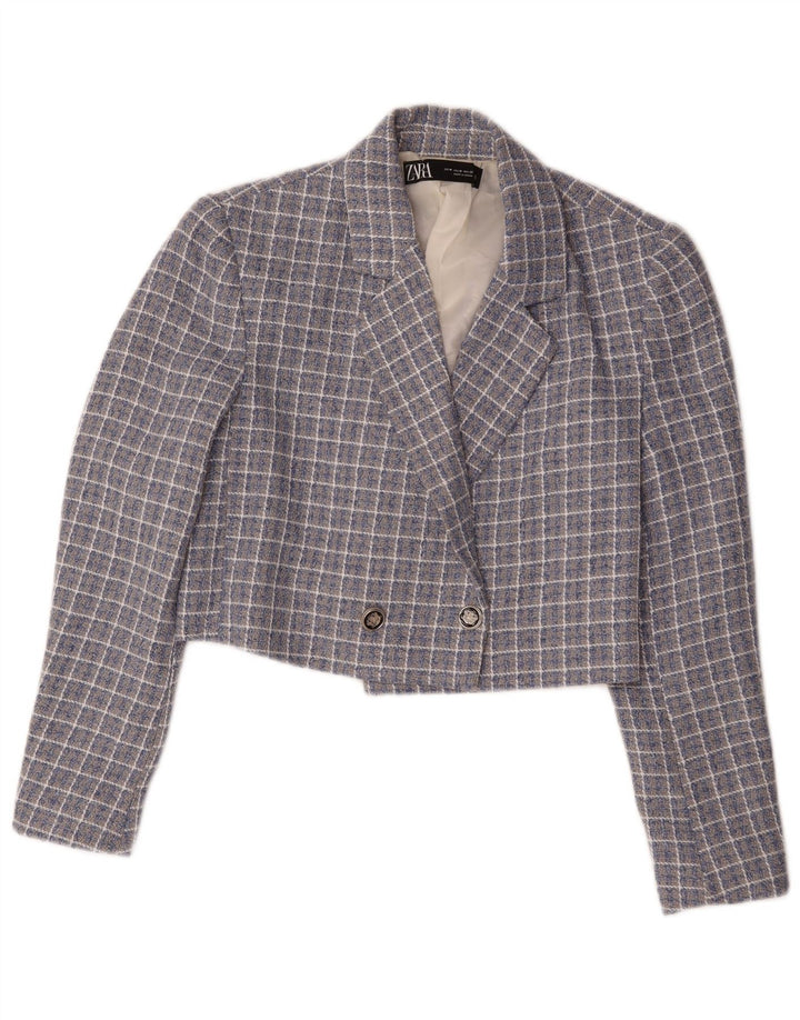 Zara Womens Crop Double Breasted Jaqueta Blazer Reino Unido 14 Médio Azul Xadrez