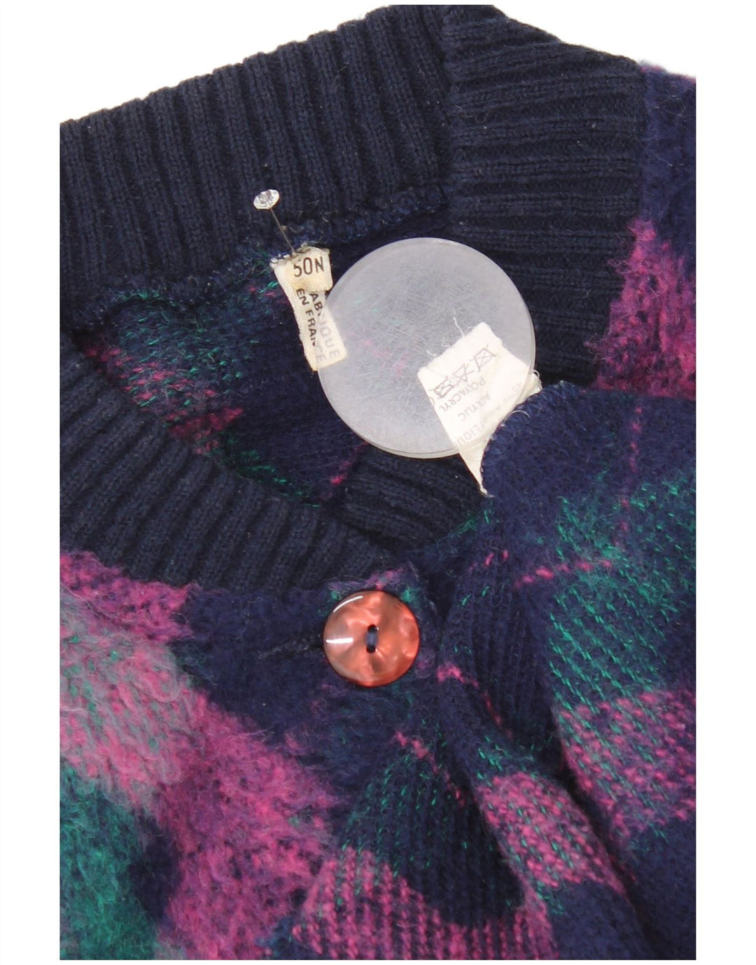 Suéter cardigã feminino vintage EU 50 3XL multicolorido Argyle/Lã Diamante