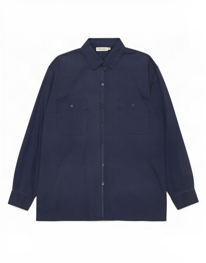 Camisa feminina vintage UK 14 seda azul marinho médio