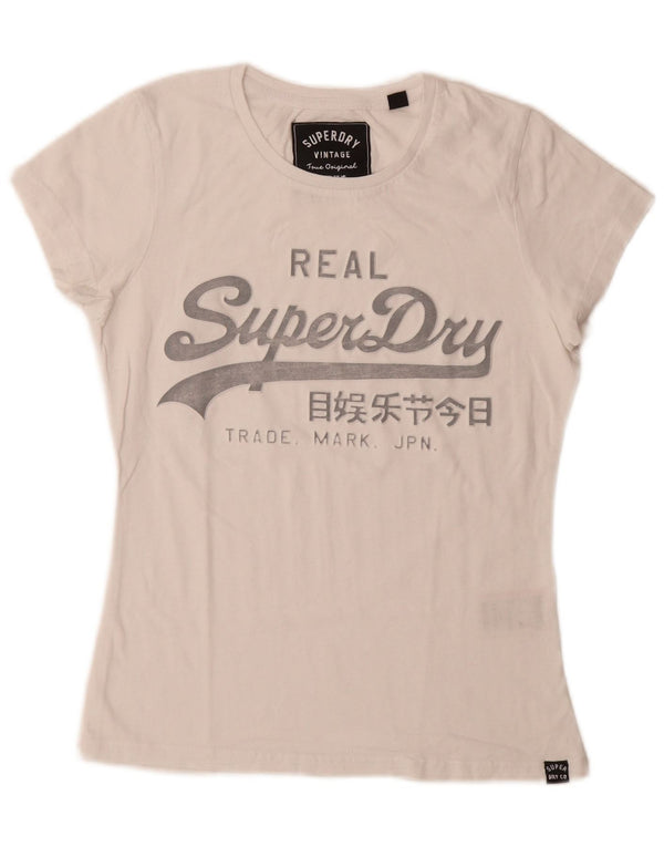 Camiseta feminina Superdry com estampa gráfica UK 10 pequeno algodão branco