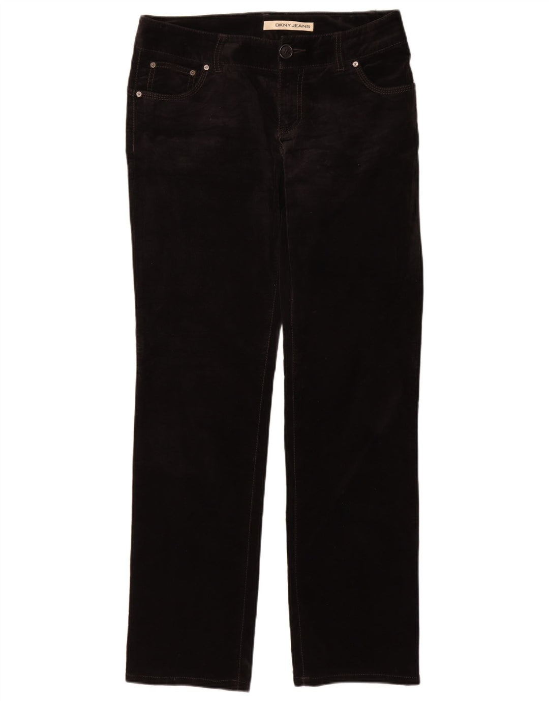 Calça feminina casual de veludo reto DKNY EUA 8 médio W30 L33 preta