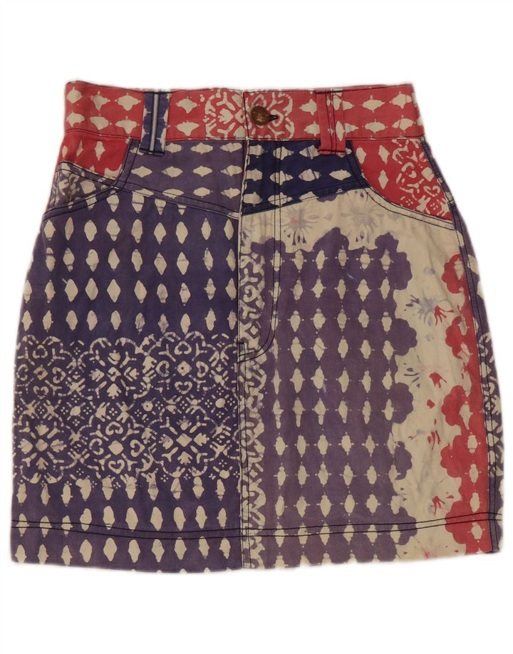 Saia lápis feminina vintage abstrata padrão jeans grande W28 algodão azul