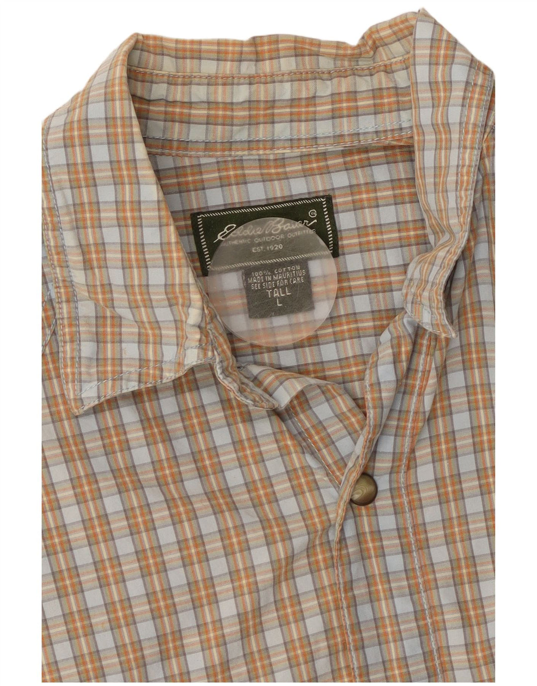 Eddie Bauer Camisa masculina alta de manga curta grande algodão xadrez bege