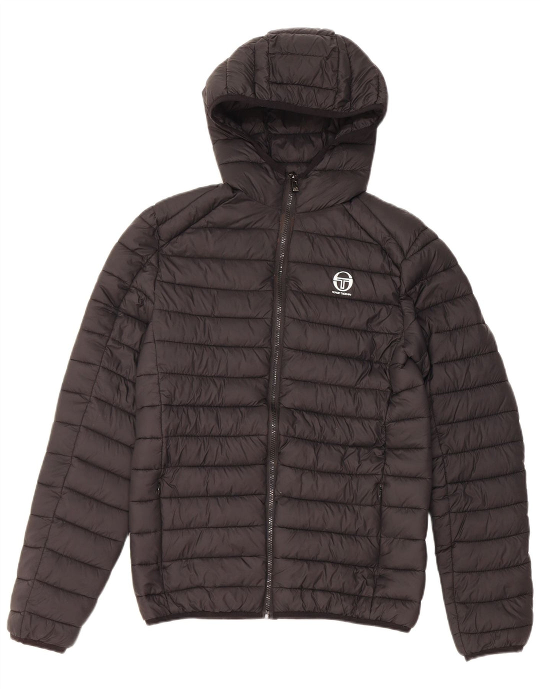 Jaqueta masculina acolchoada com capuz Sergio Tacchini UK 36 pequena preta nylon