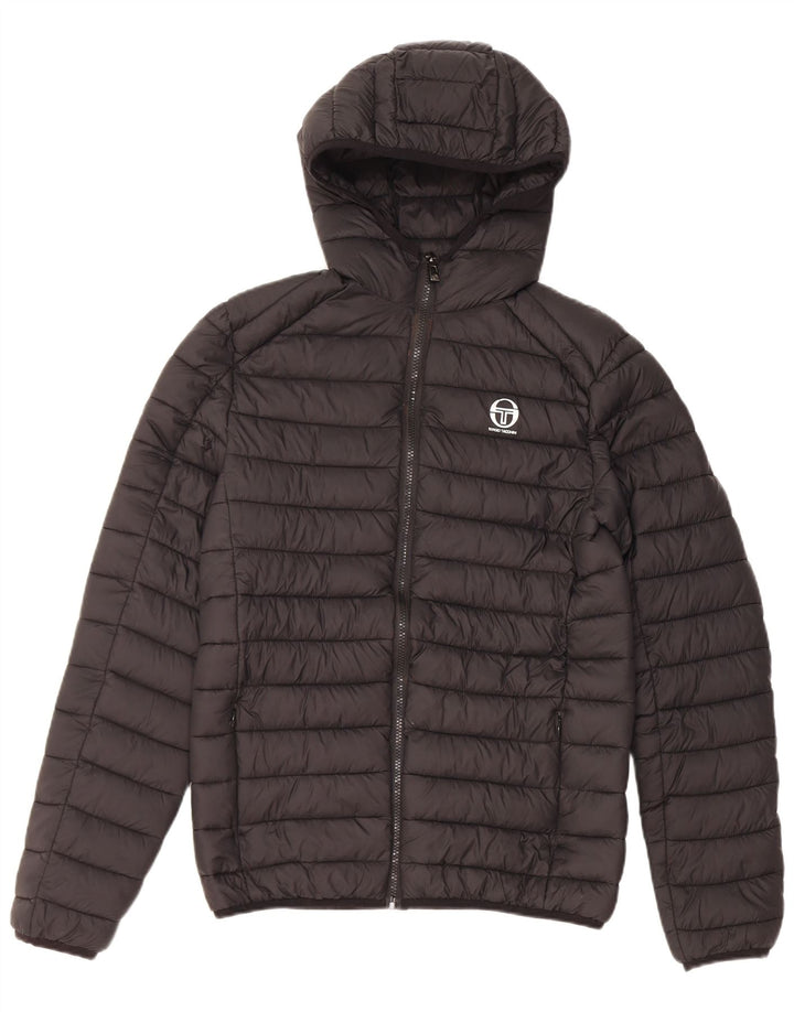 Jaqueta masculina acolchoada com capuz Sergio Tacchini UK 36 pequena preta nylon