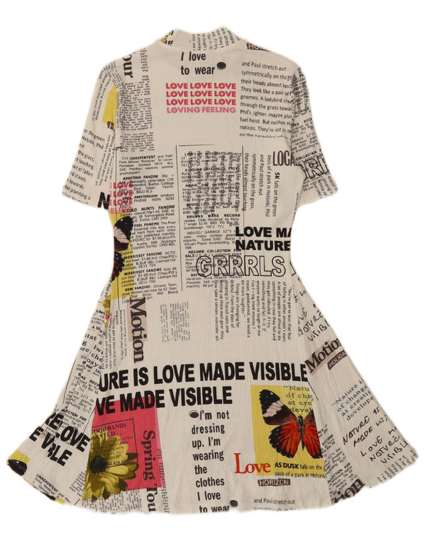 Desigual Vestido feminino jornal gráfico linha A Reino Unido 12 médio branco viscose