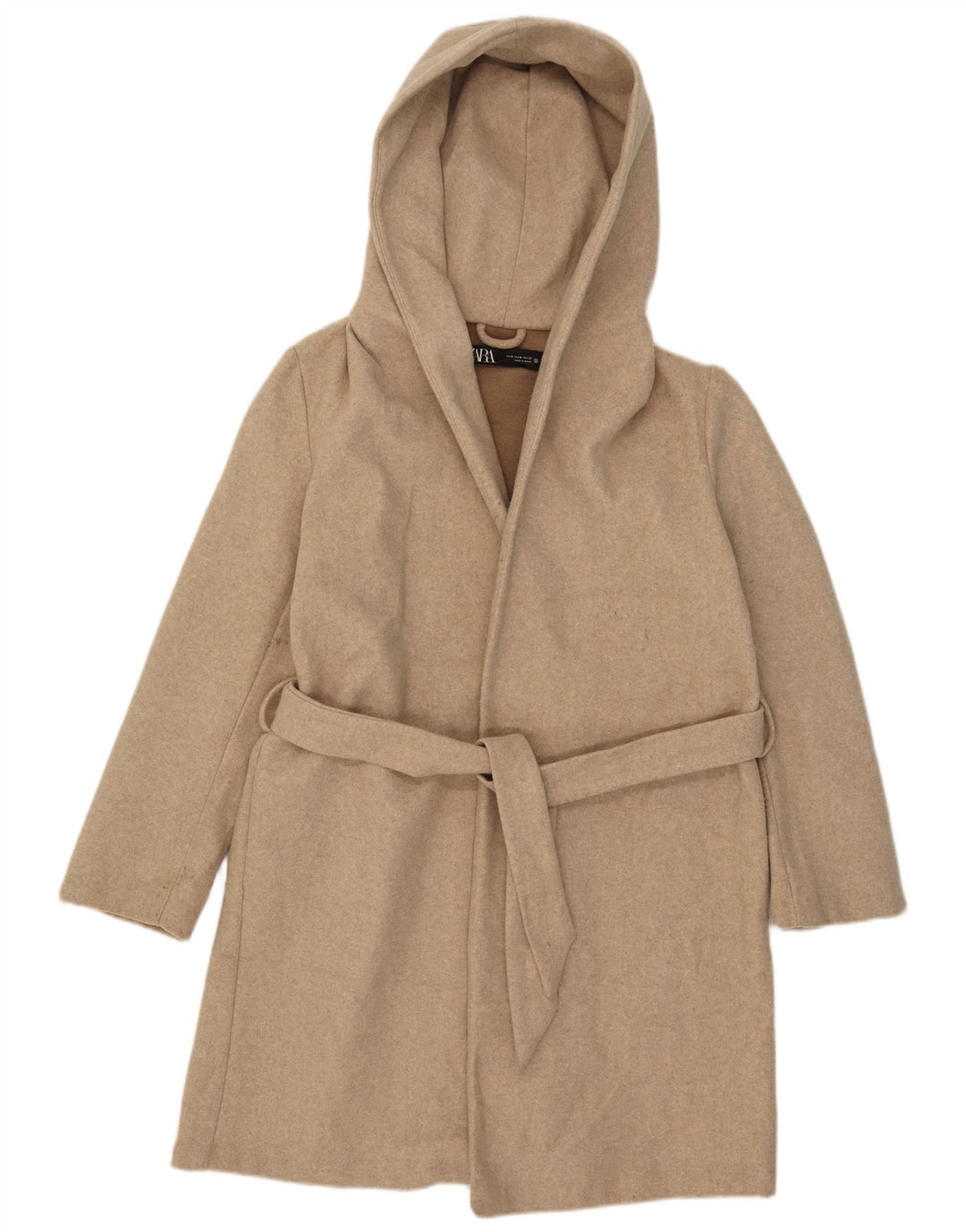 Sobretudo feminino Zara com capuz UK 14 poliéster bege médio