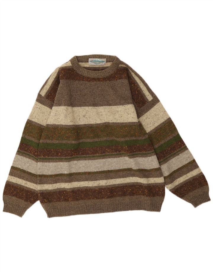 Suéter vintage masculino com gola redonda, lã listrada cáqui média