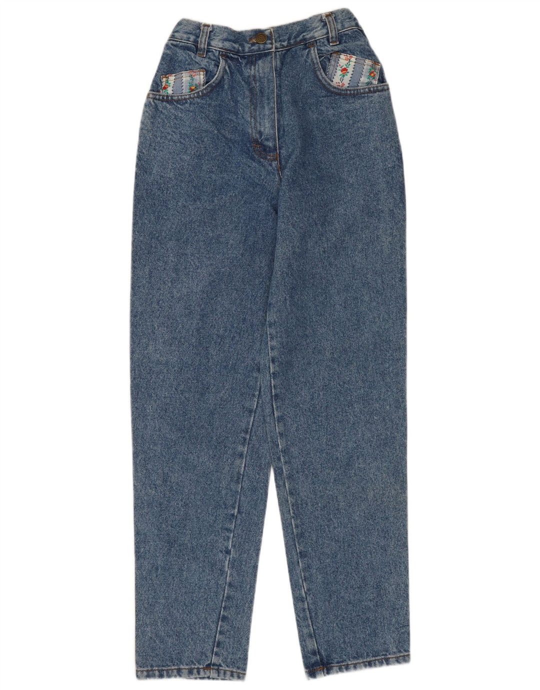 Jeans cônicos femininos VINTAGE EU 40 médio W28 L28 azul floral algodão