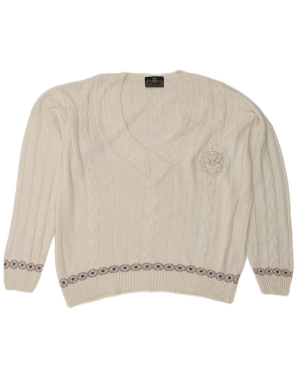 Fiume Womens V-Neck Jumper Sweater UK 20 2XL White Fair Isle
