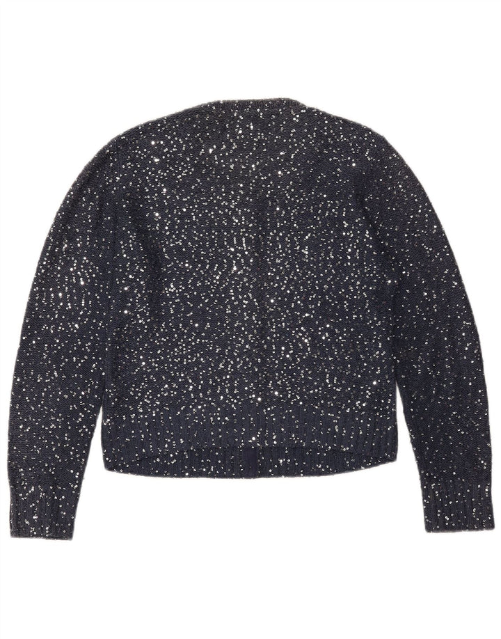 Suéter cardigã feminino JIGSAW Reino Unido 12 poliéster azul marinho médio
