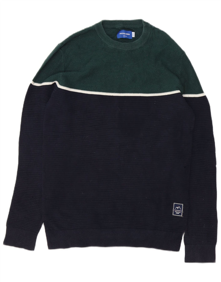 Suéter masculino Jack & Jones com gola redonda e pequeno bloco colorido azul marinho