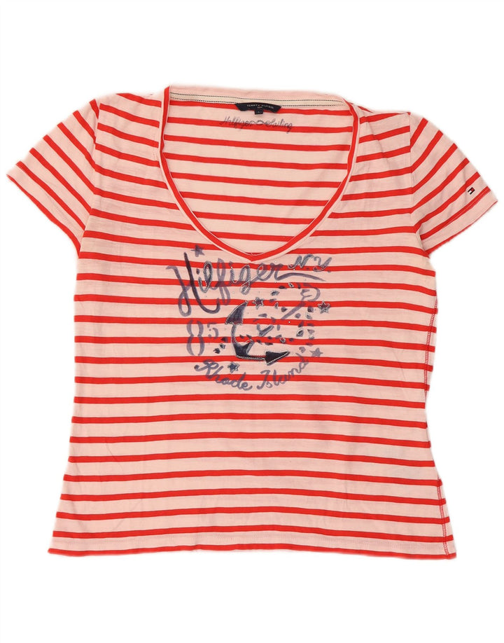 Camiseta feminina TOMMY HILFIGER com estampa gráfica UK 14 grande listrada vermelha