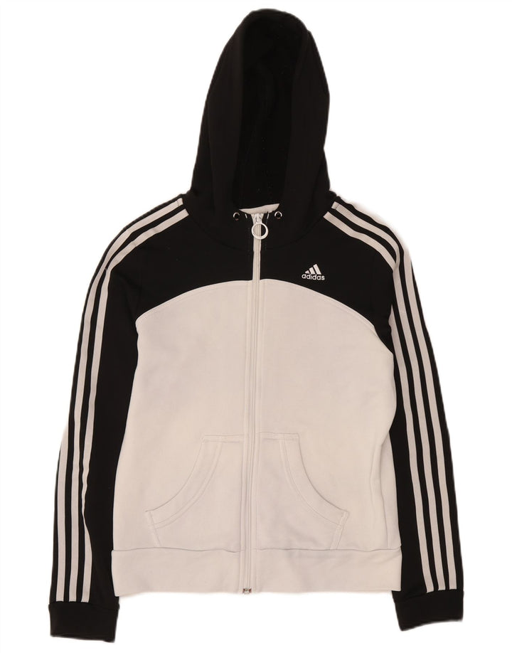 Suéter adidas feminino com capuz e zíper UK 12 médio preto colorblock poliéster