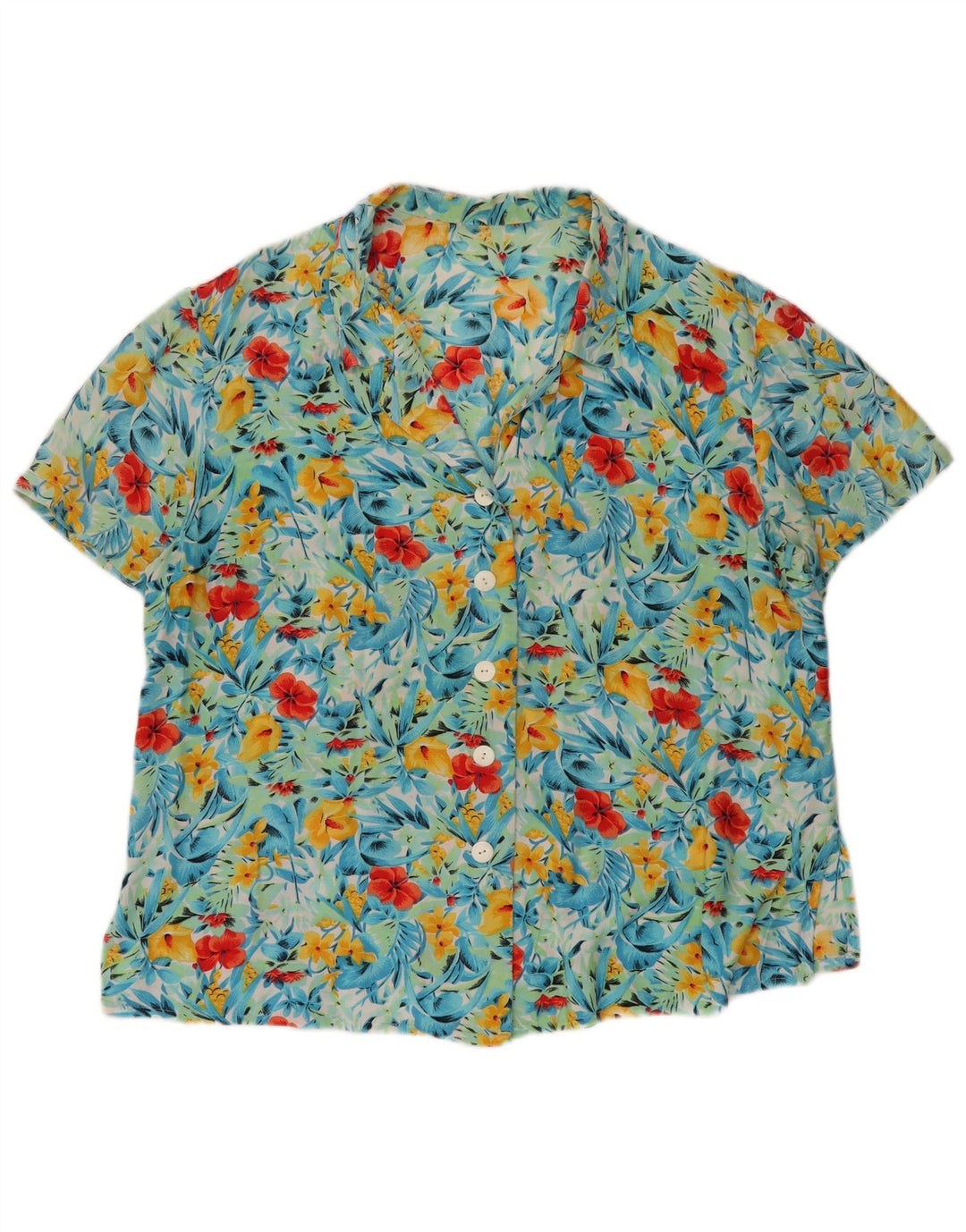 Camisa feminina VINTAGE de manga curta UK 20 2XL turquesa floral
