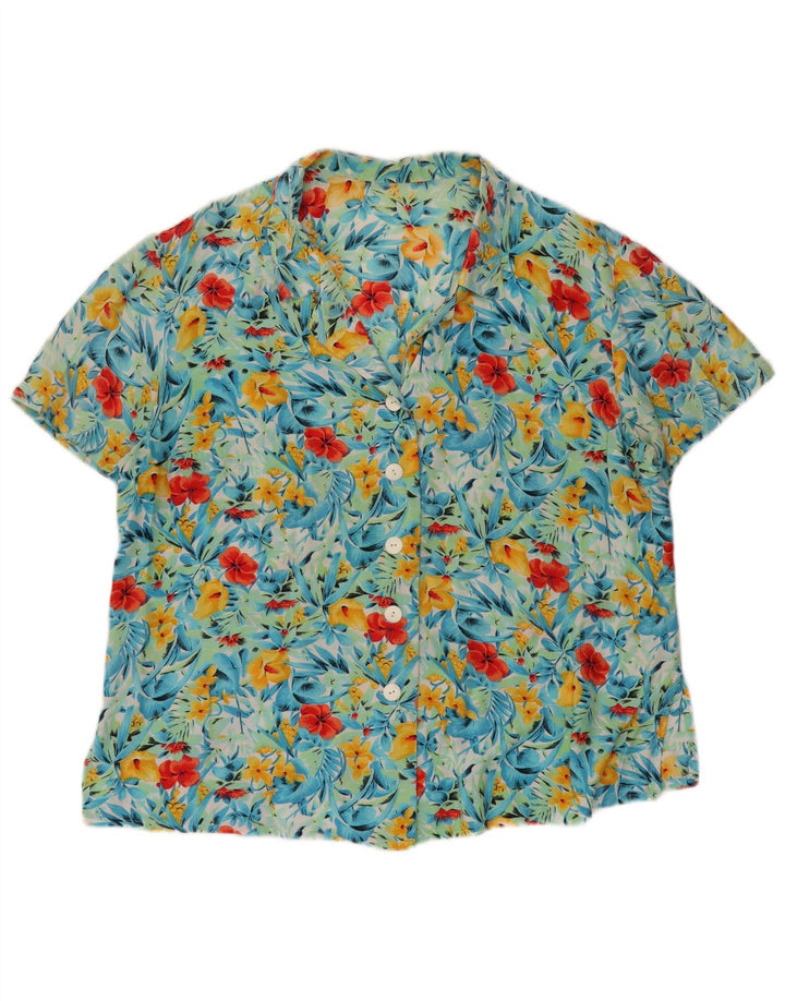 Camisa feminina VINTAGE de manga curta UK 20 2XL turquesa floral
