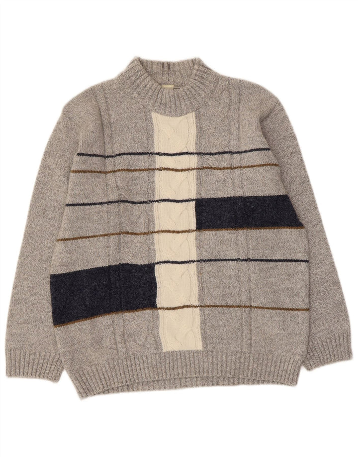 Suéter feminino vintage com gola tartaruga Reino Unido 16 grande bloco colorido cinza