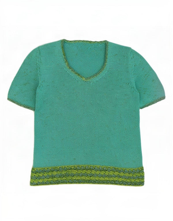 Suéter feminino vintage com decote em V UK 14 bloco colorido verde médio