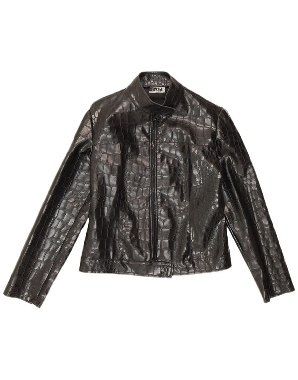 Jaqueta bomber feminina vintage de couro sintético Reino Unido 10 estampa animal preta pequena